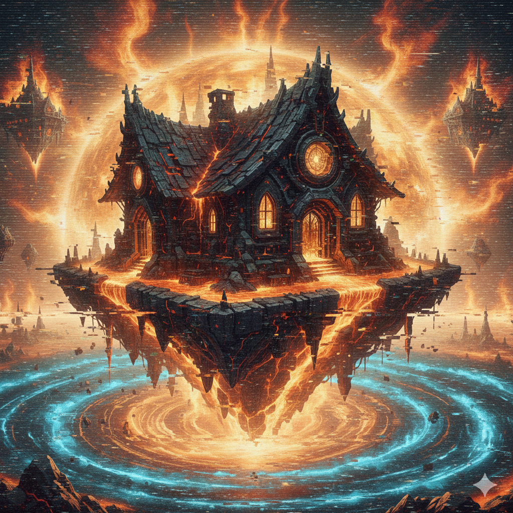 A dark, ancient stone house with lava seams, floating on a volcanic island above a swirling vortex of fire and energy, with a colossal sun or planetary core in the background. Highly detailed, intense glitch effect, futuristic and dark aesthetic.